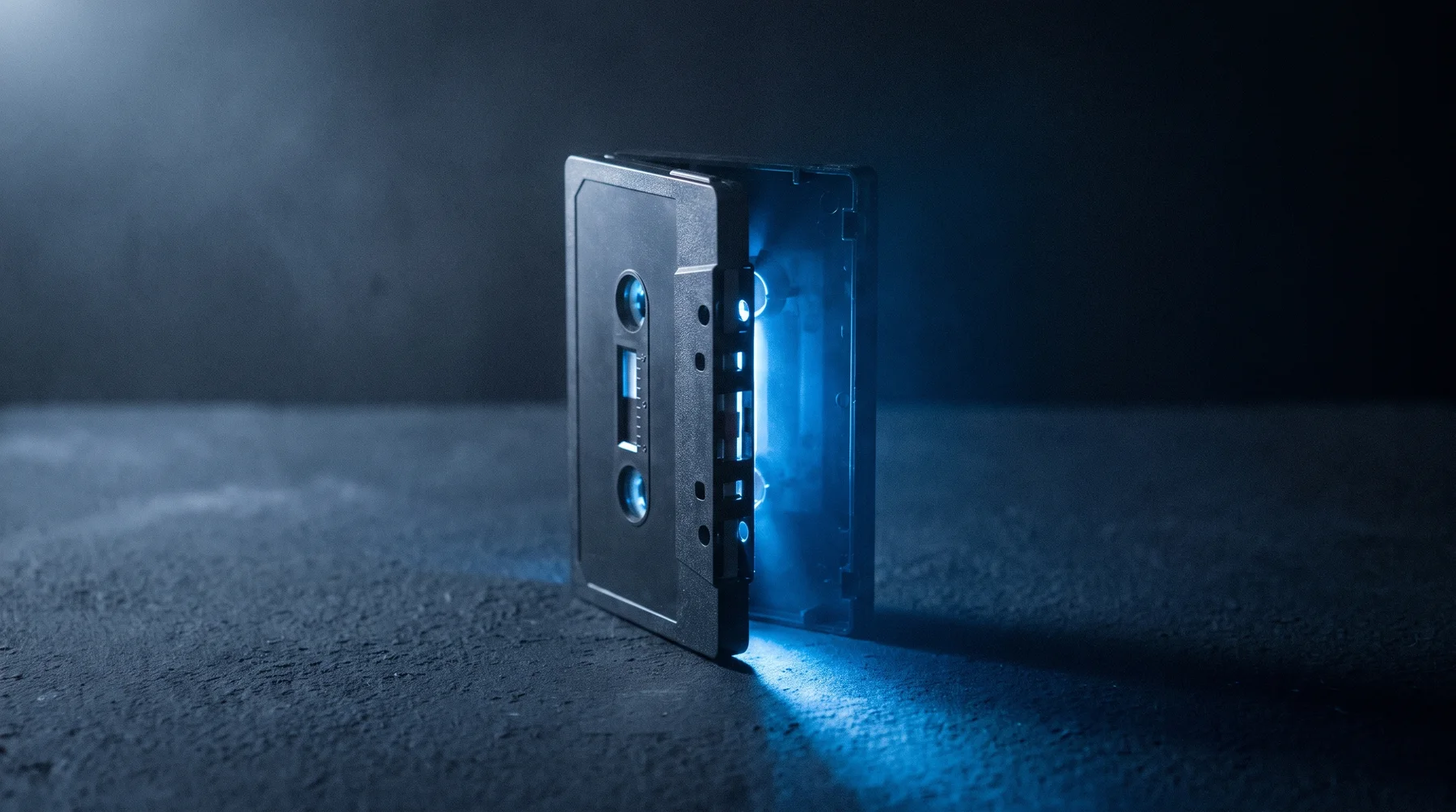 Una carcasa de cassette entreabierta con luz azul saliendo por la ranura.